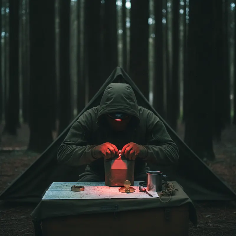 A hooded figure at a forest camp tears open an unlabeled ration pouch under red headlamp light, a topographic map and compass on the crate in front.